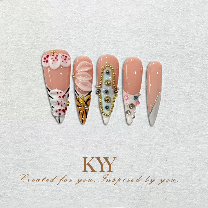 Peach Blossom – 3D Floral Press On Nails
