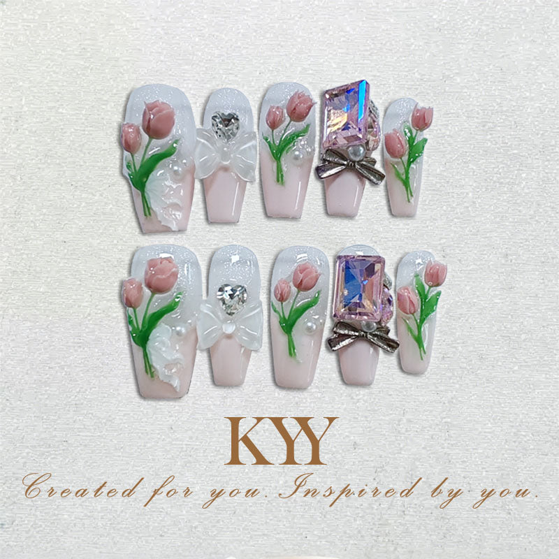 Tulip Reverie – 3D Floral Press On Nails